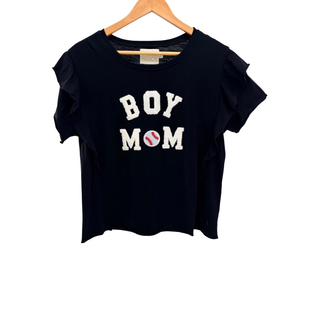 Judith March Boy Mom Baseball Shirt M Ruffle Crop Top Chenille Patch Gameday Tee